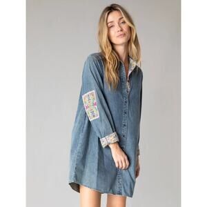 NATURAL LIFE Blue Denim Mini Dress with Floral Accents